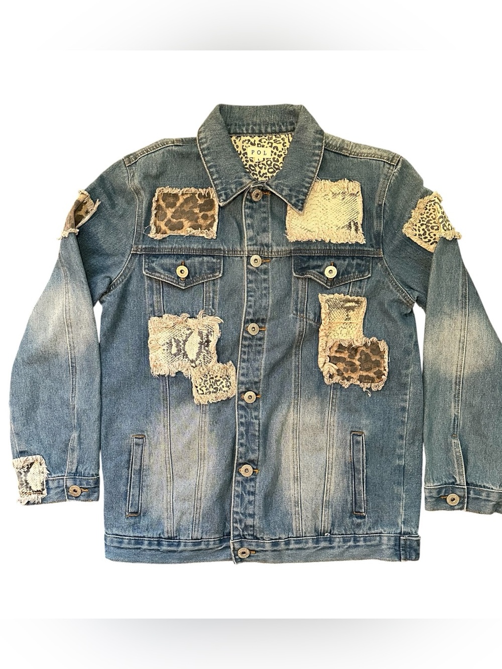 POL Distressed Animal Print Patchwork Denim Oversized Jacket-  Women’s Large